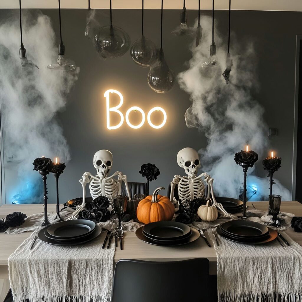 06. Modern Scandinavian Neon "Boo" & Skeleton Dining Room