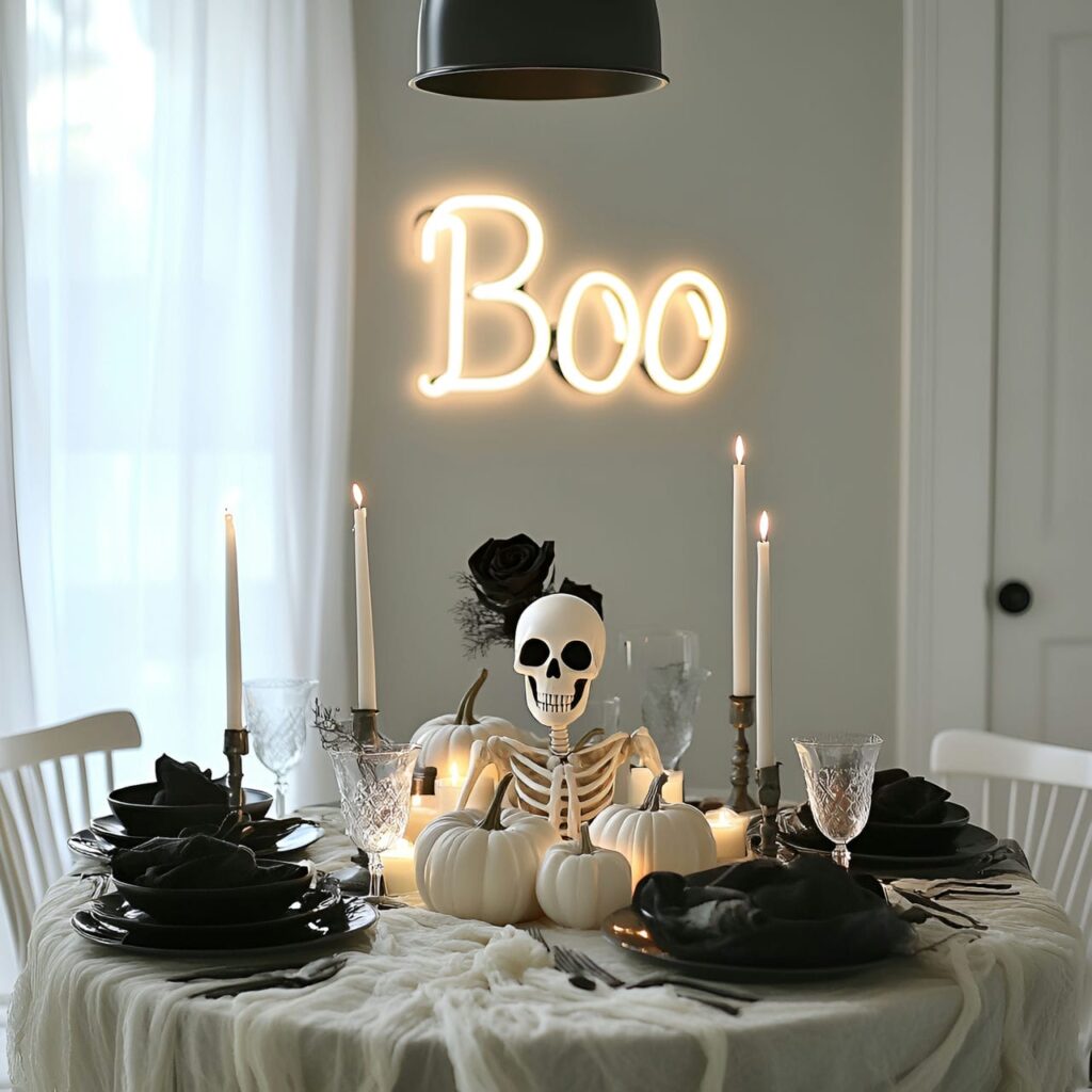 06. Modern Scandinavian Neon "Boo" & Skeleton Dining Room