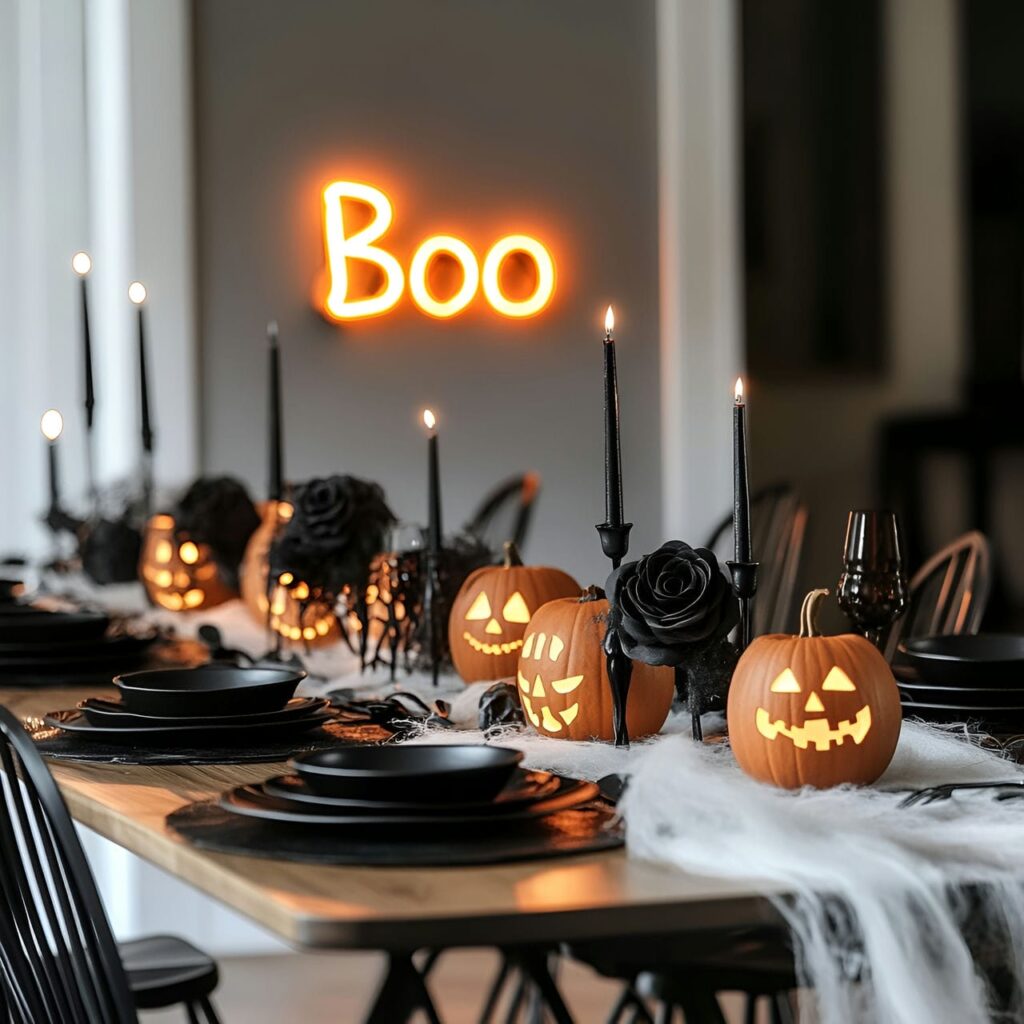 06. Modern Scandinavian Neon "Boo" & Skeleton Dining Room