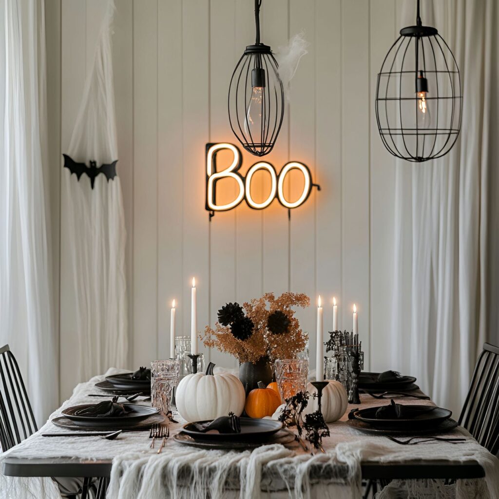 06. Modern Scandinavian Neon "Boo" & Skeleton Dining Room