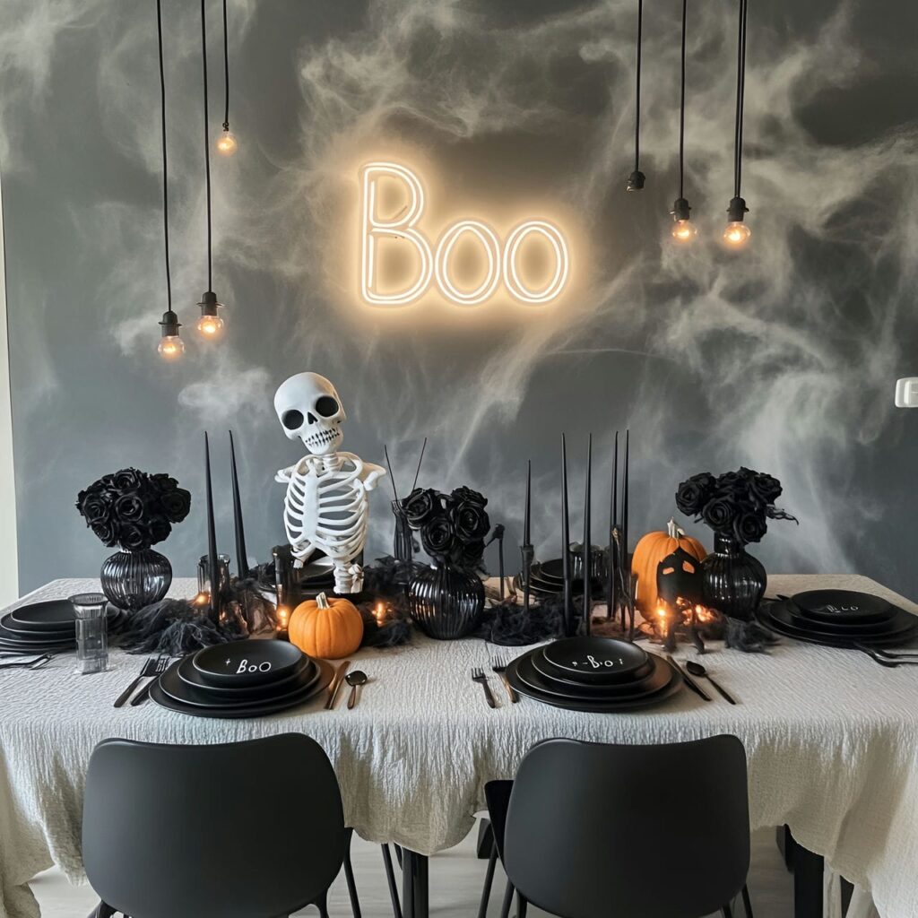 06. Modern Scandinavian Neon "Boo" & Skeleton Dining Room