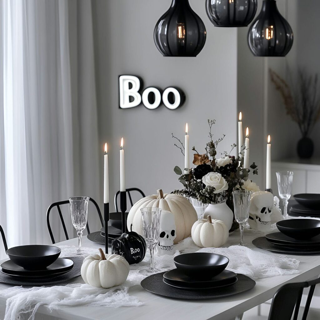 06. Modern Scandinavian Neon "Boo" & Skeleton Dining Room