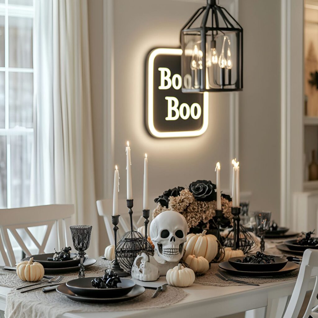 06. Modern Scandinavian Neon "Boo" & Skeleton Dining Room