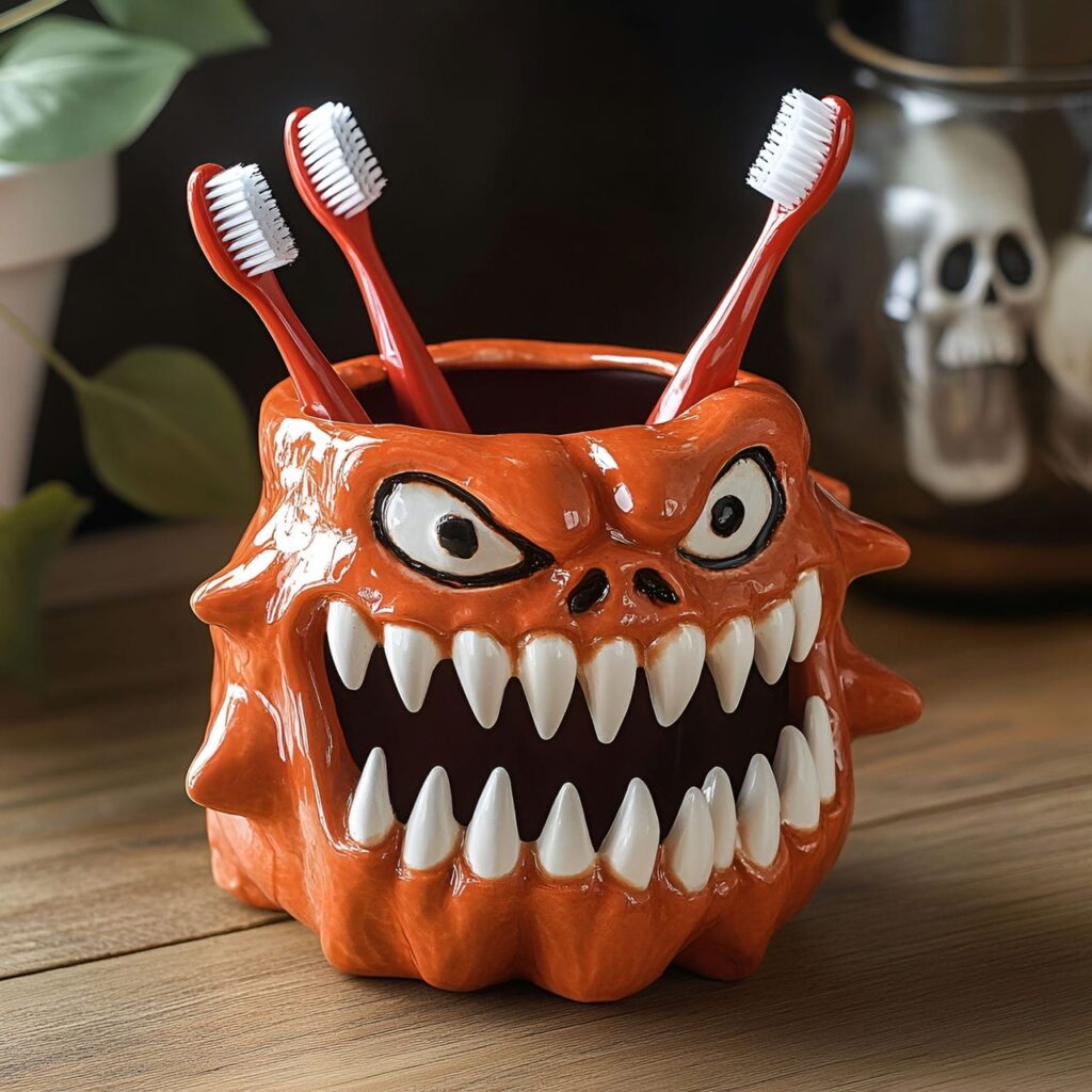 29. Monster-Themed Toothbrush Holder with Fangs or Googly Eyes