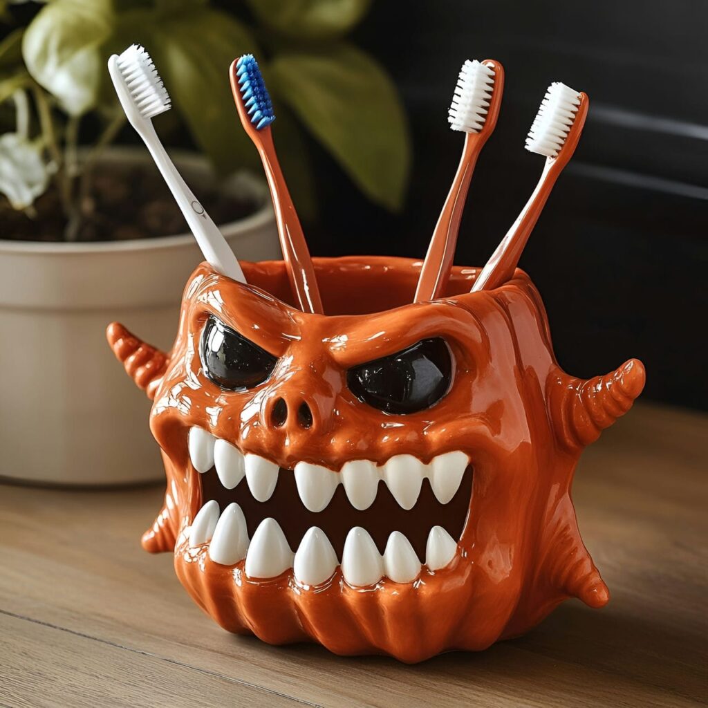 29. Monster-Themed Toothbrush Holder with Fangs or Googly Eyes