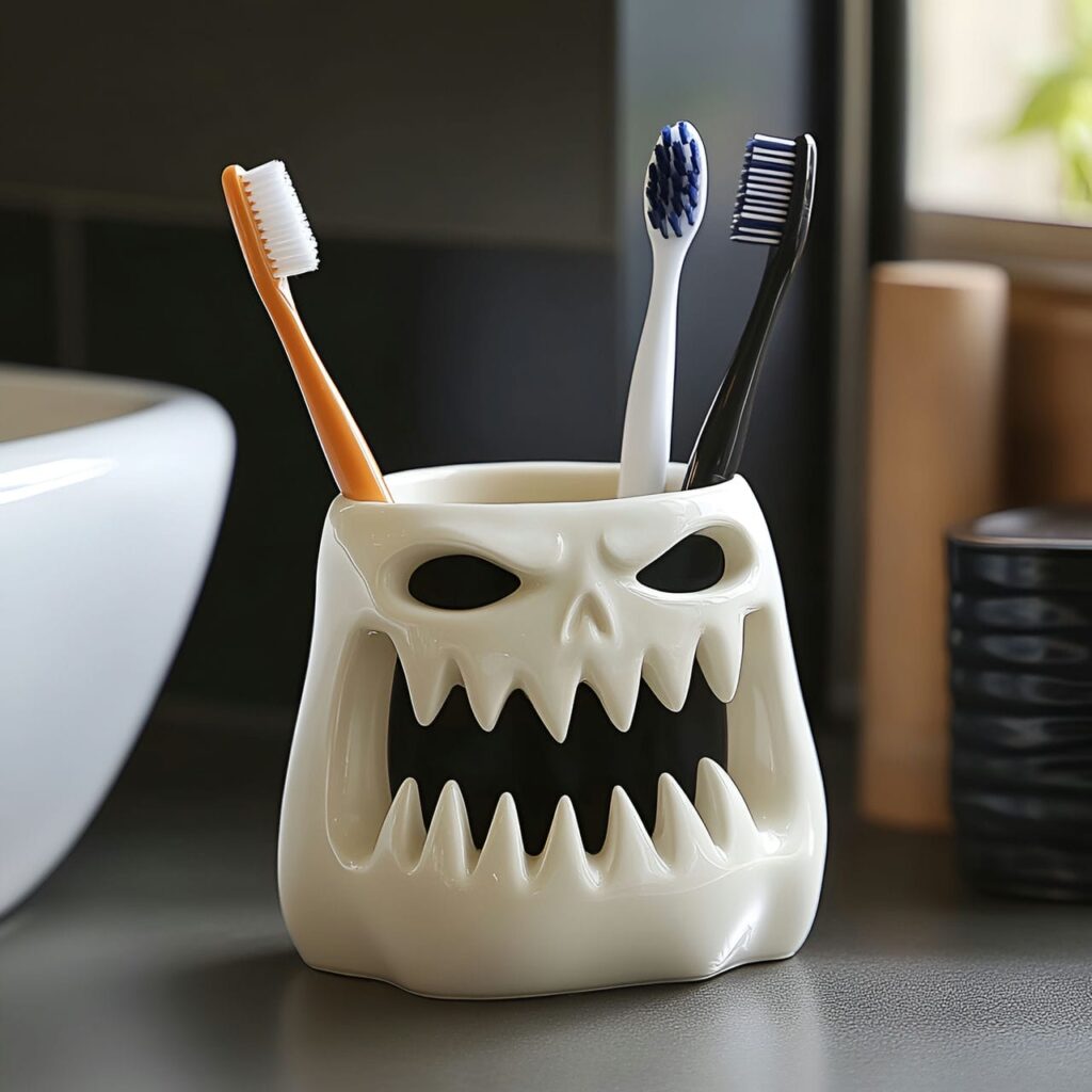 29. Monster-Themed Toothbrush Holder with Fangs or Googly Eyes