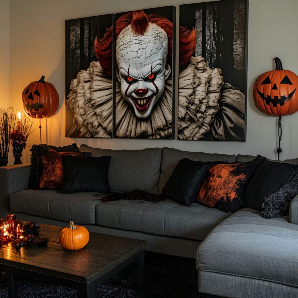 02. Pennywise-Inspired Living Room with DIY Halloween Decor