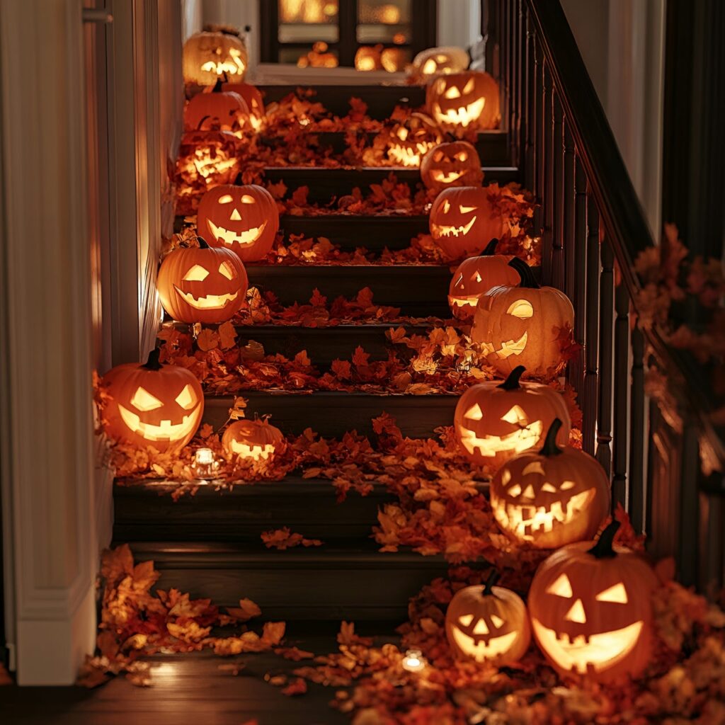 02. Pumpkin-lined staircase with carved jack-o-lanterns and autumn leaves