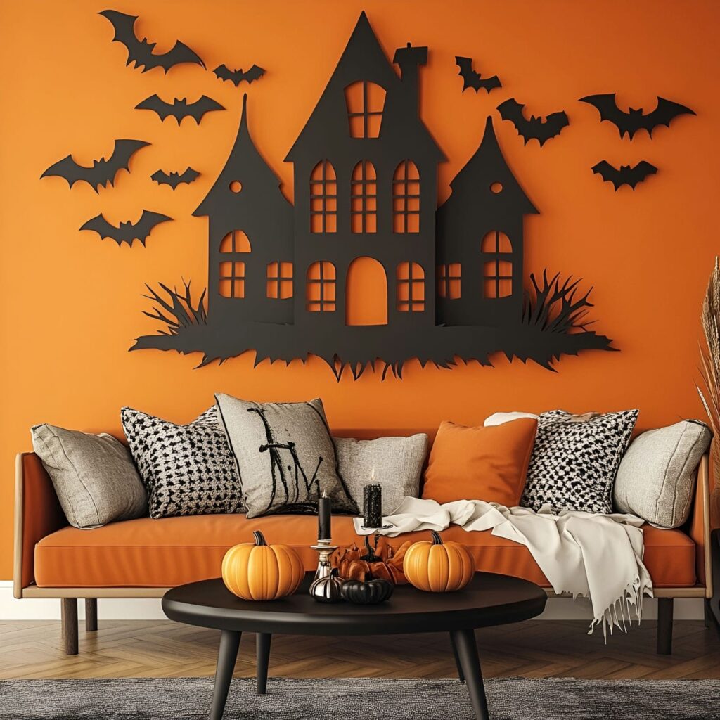 19. 3D Haunted House Cutout in Modern Scandinavian Living Room with Halloween Accents