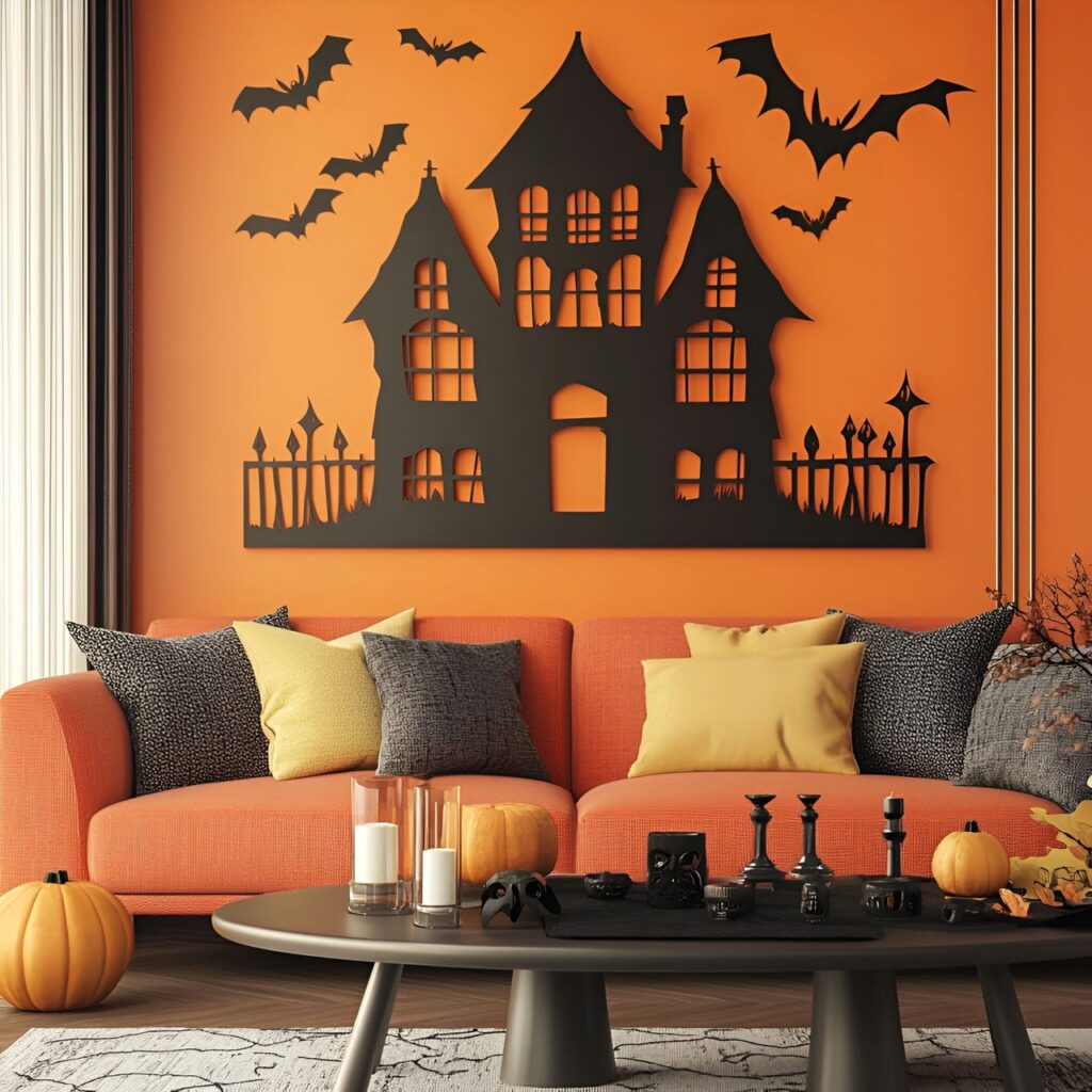 19. 3D Haunted House Cutout in Modern Scandinavian Living Room with Halloween Accents