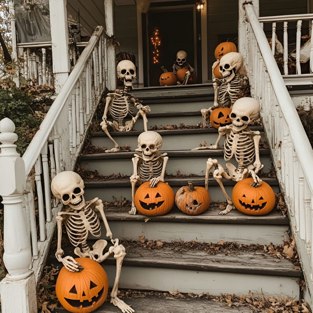 06. Skeleton-themed staircase with skeletons sitting on the steps and holding pumpkins