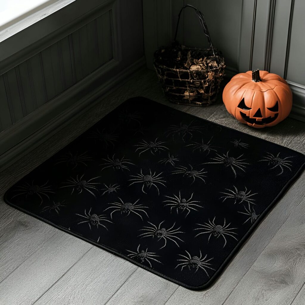 13. Creepy Crawling Spider Floor Mat with Large Black Spiders