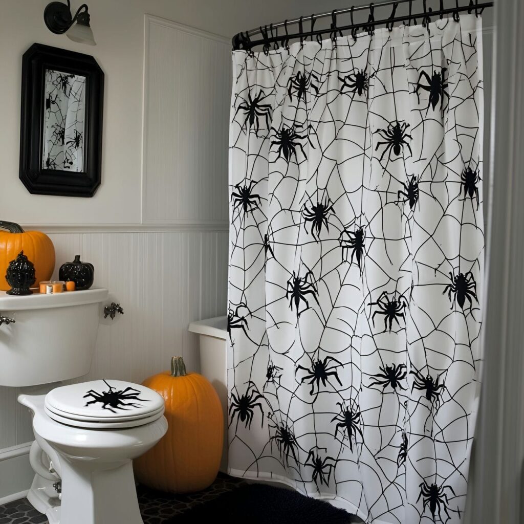 02. Spider Web Shower Curtain with Black Spider Decals