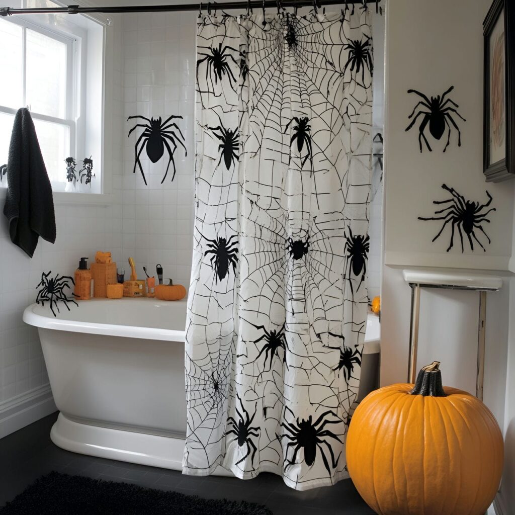 02. Spider Web Shower Curtain with Black Spider Decals