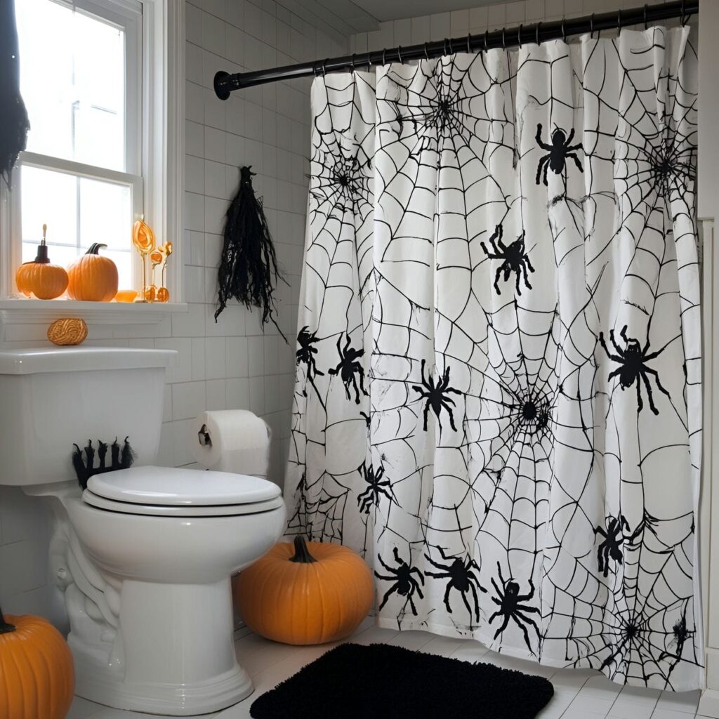 02. Spider Web Shower Curtain with Black Spider Decals