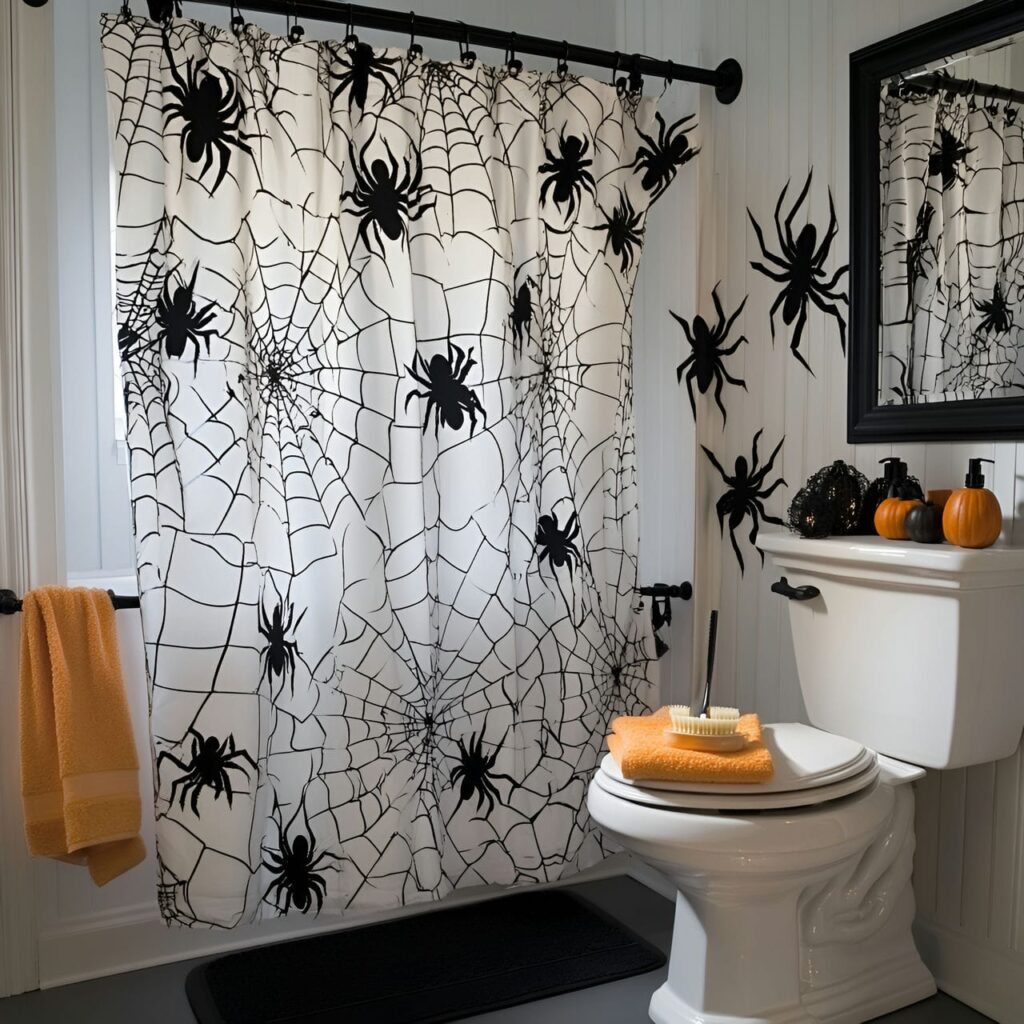 02. Spider Web Shower Curtain with Black Spider Decals