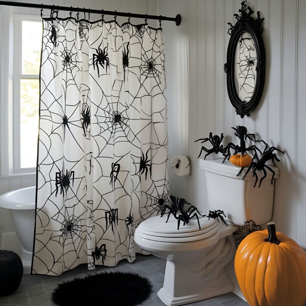 02. Spider Web Shower Curtain with Black Spider Decals