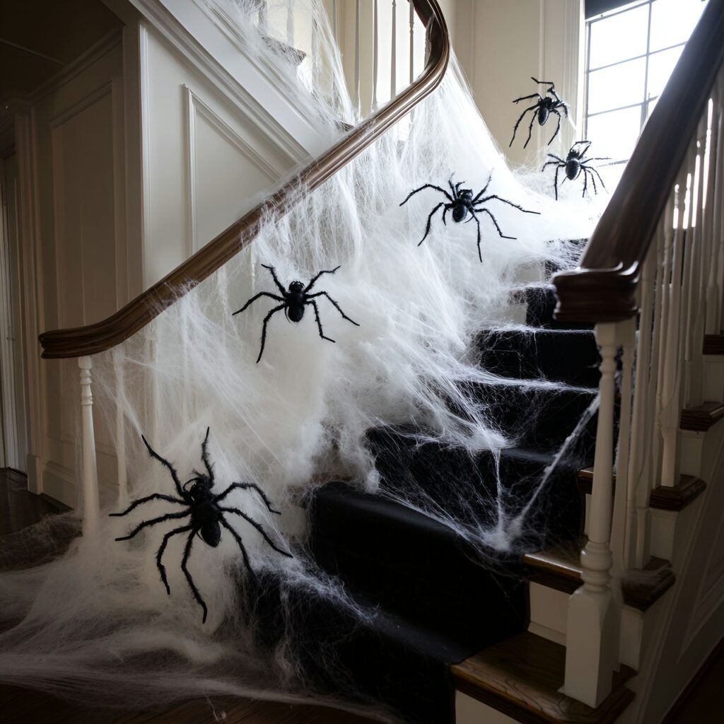 03. Spiderweb staircase with giant spiders crawling up the banister