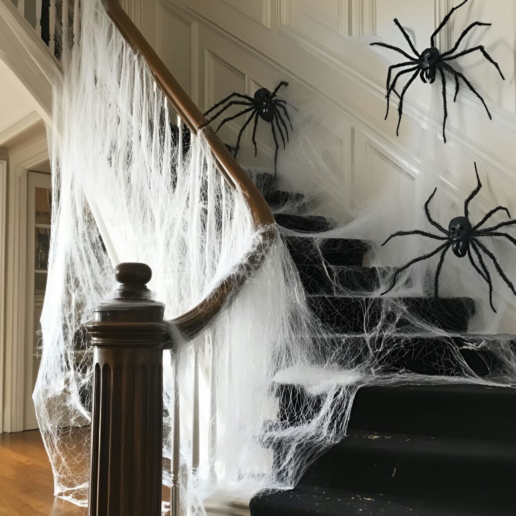 03. Spiderweb staircase with giant spiders crawling up the banister