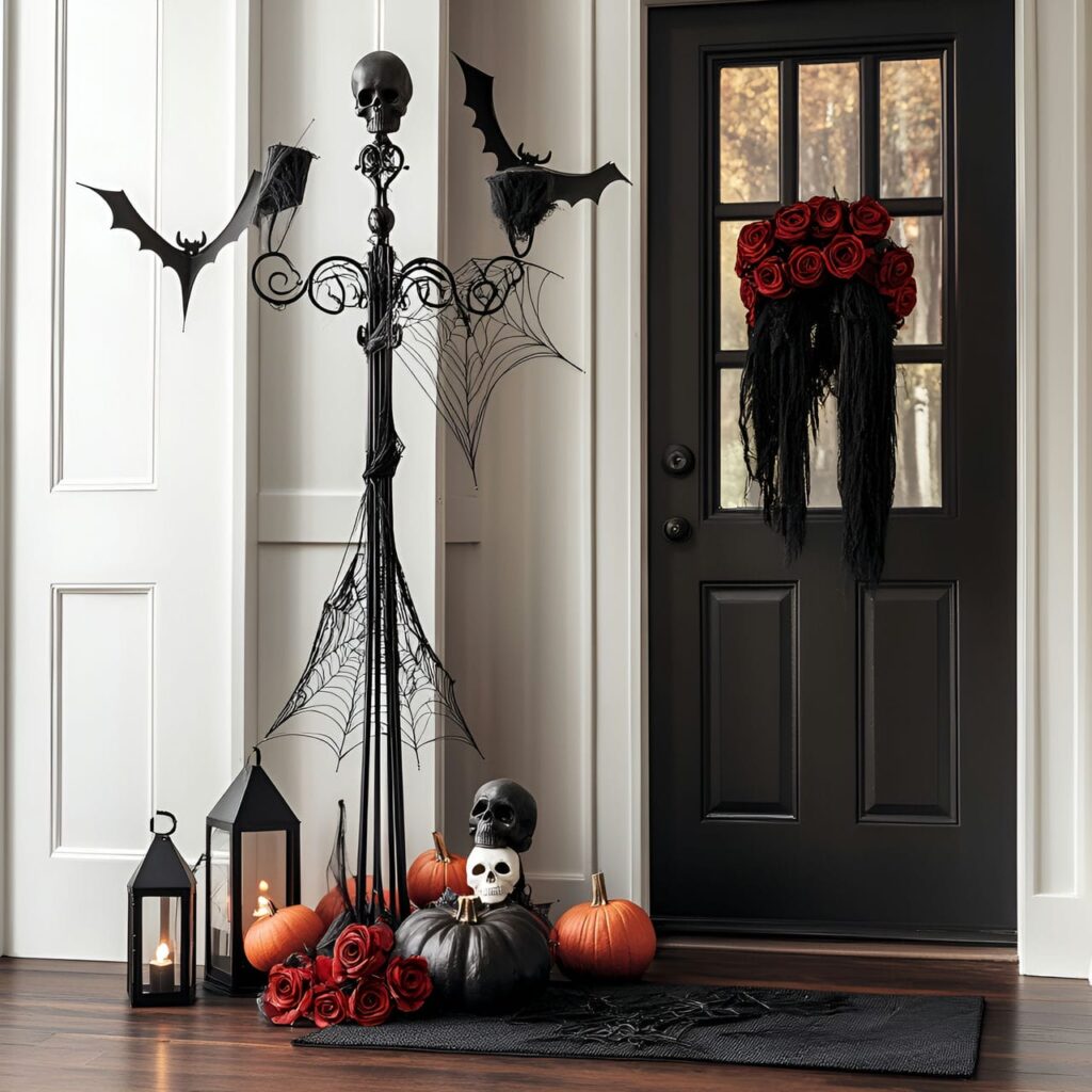 12. Spooky Umbrella Stand with Faux Spider Webs and Black Roses