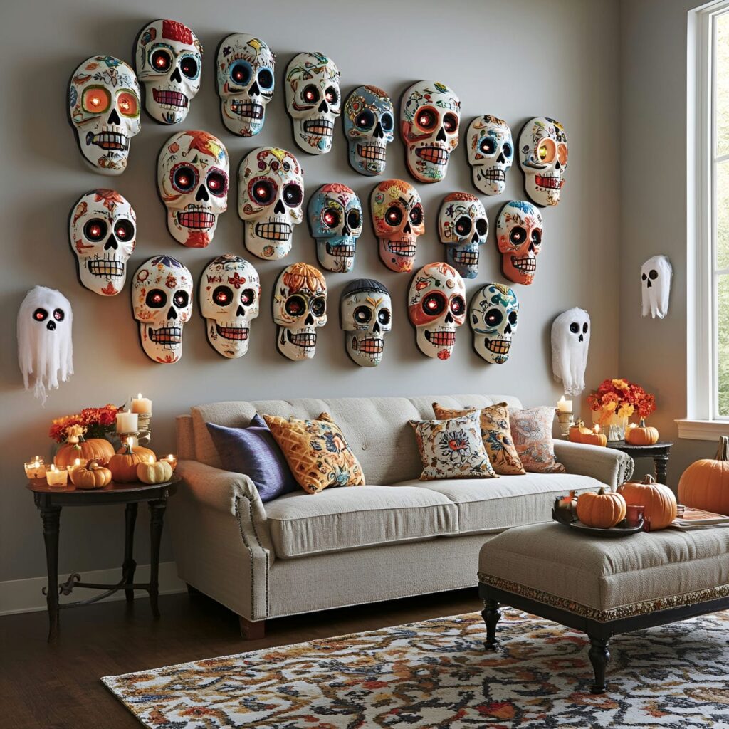 18. Sugar Skull Wall Display with Colorful Halloween Art