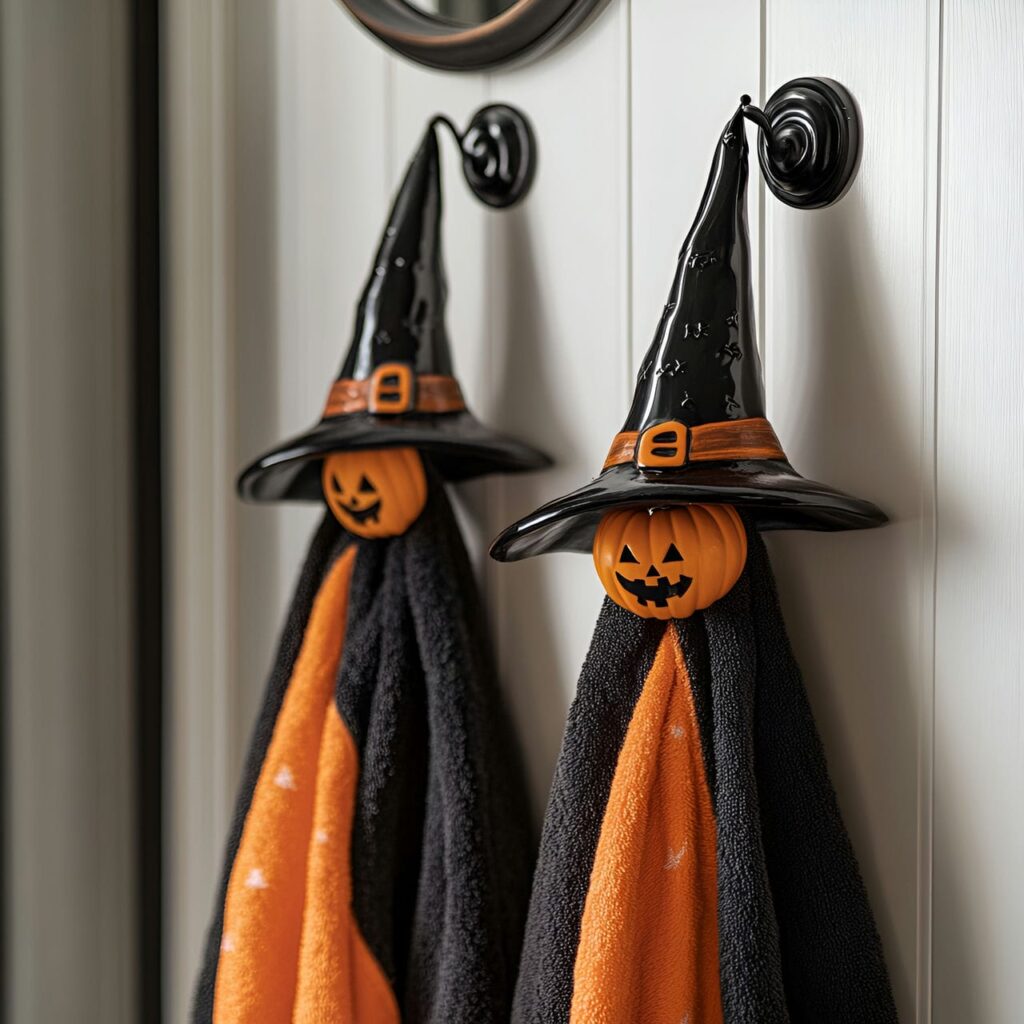 11. Witch Hat Towel Hooks with Fun Halloween Theme