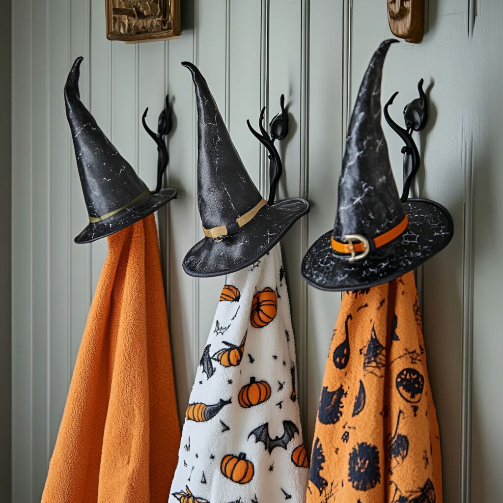 11. Witch Hat Towel Hooks with Fun Halloween Theme