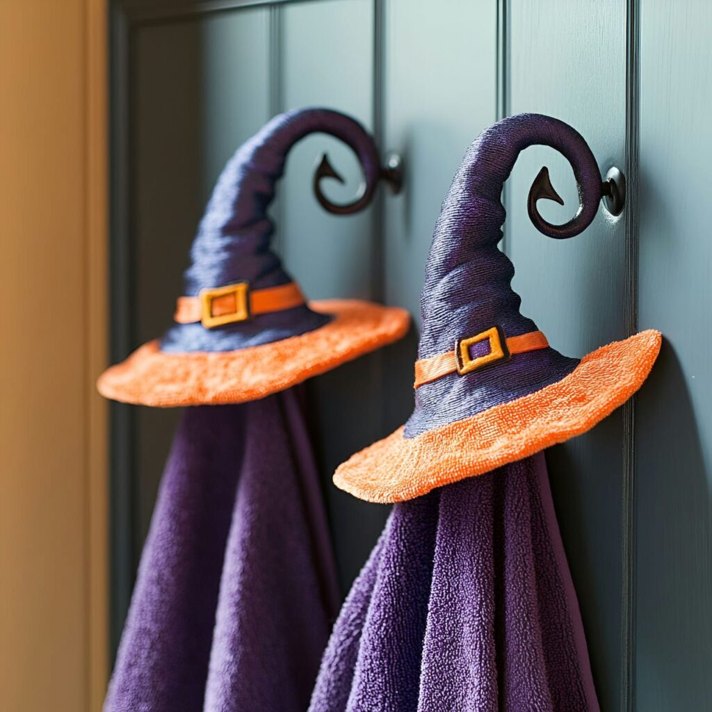 11. Witch Hat Towel Hooks with Fun Halloween Theme