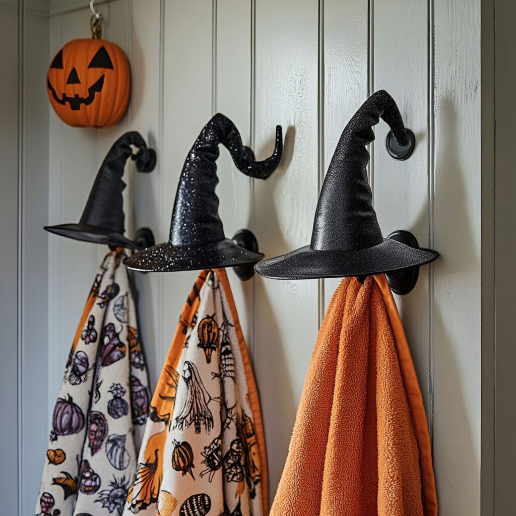 11. Witch Hat Towel Hooks with Fun Halloween Theme