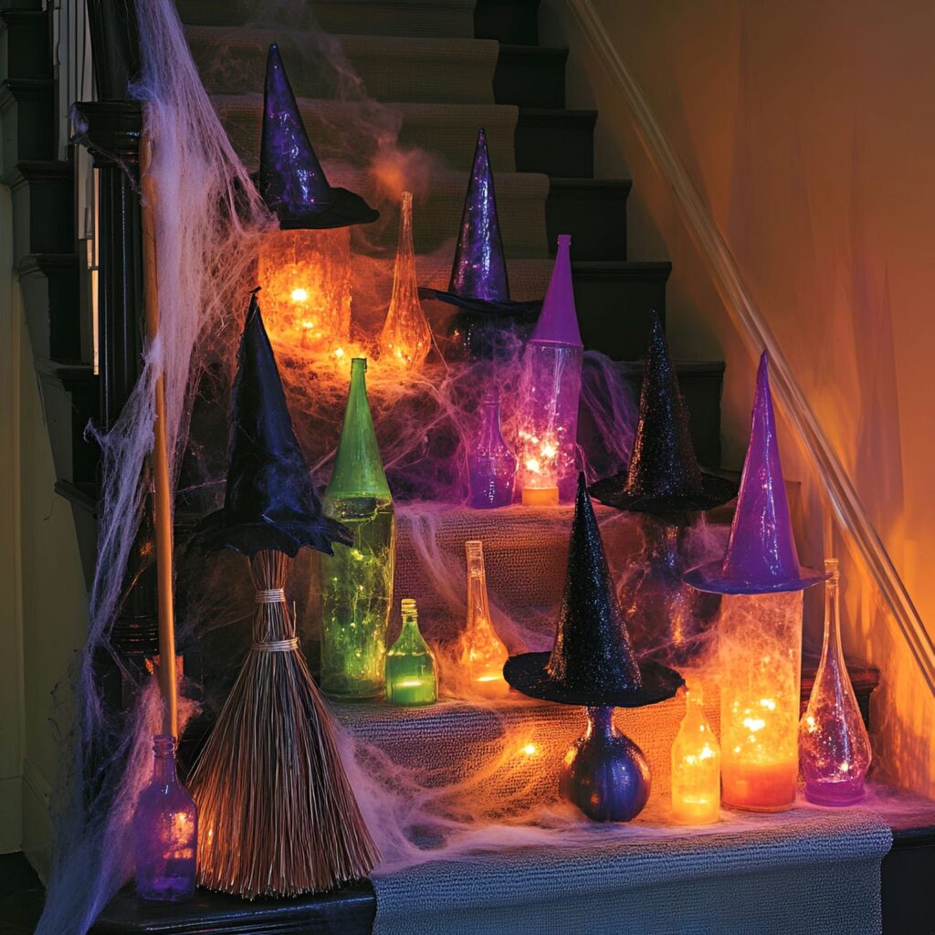 04. Witch’s staircase with broomsticks, pointed hats, and potion bottles