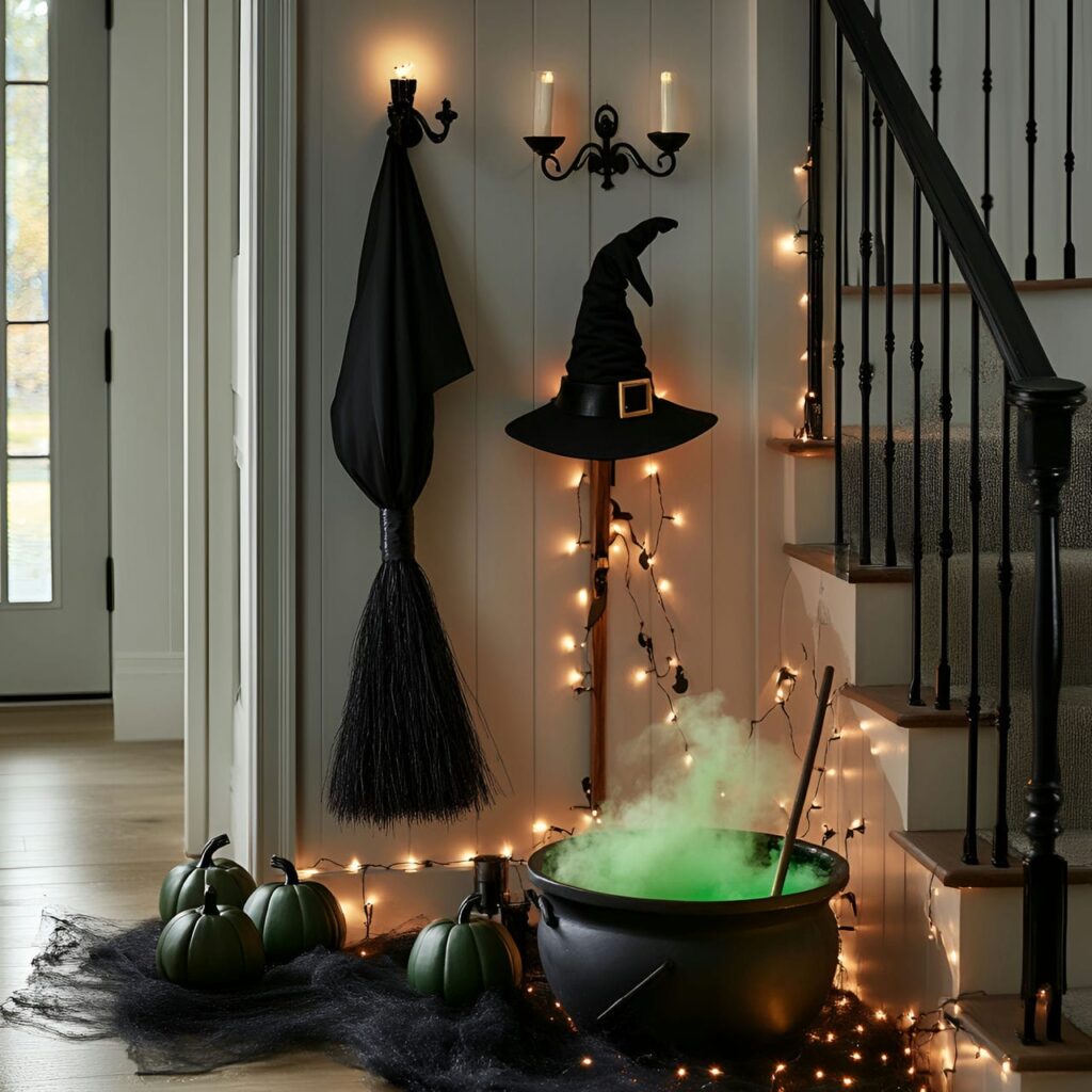 09. Witch’s Hat Décor with Faux Broomstick Near Coat Rack