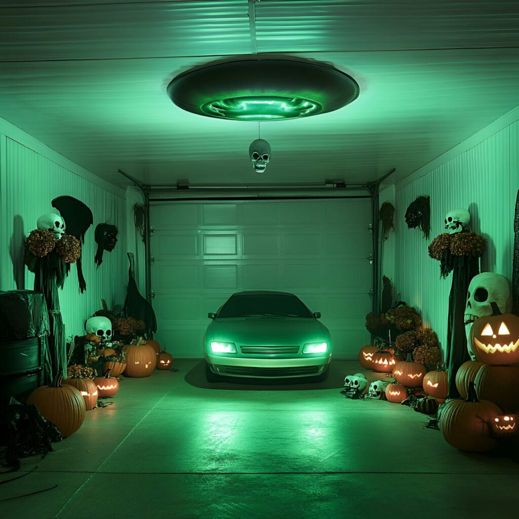 18. Alien Invasion Garage with UFO Decals and Green Lights