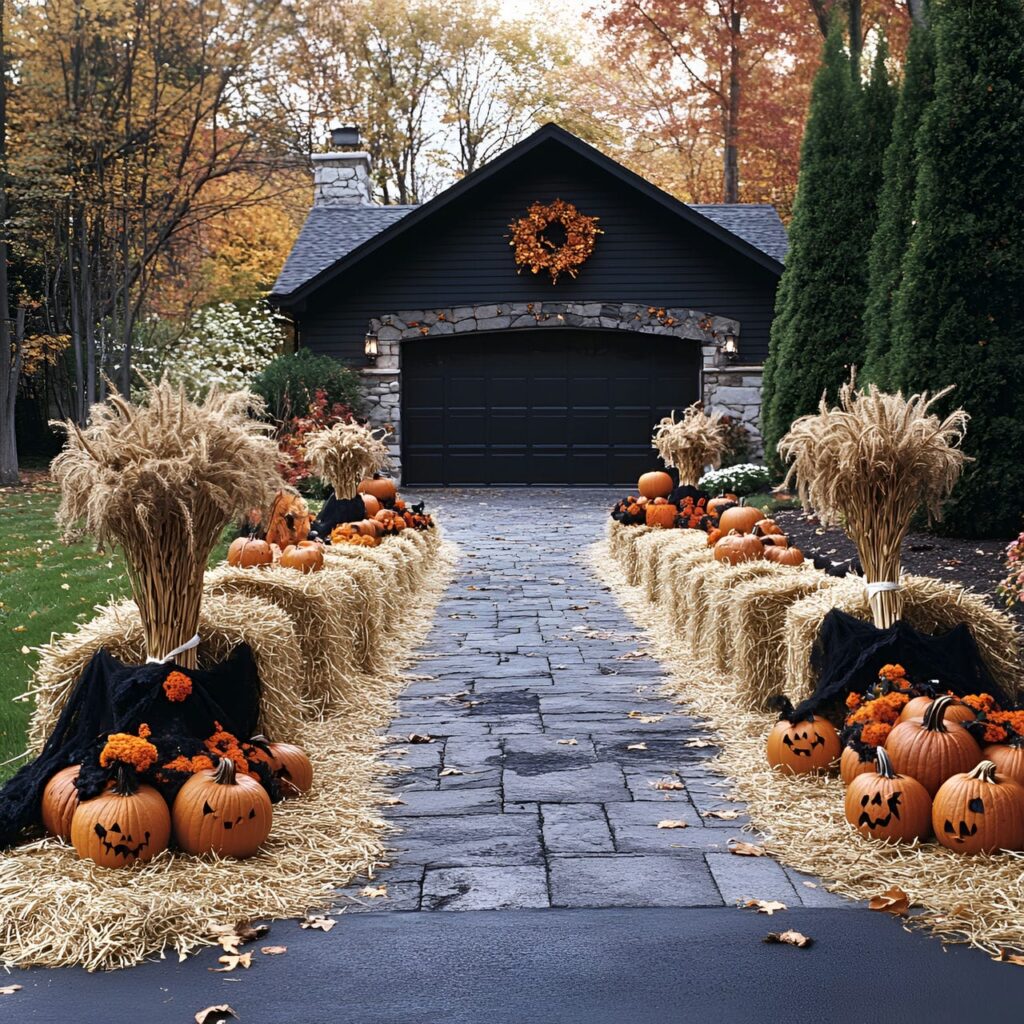 14. Autumn Harvest Driveway Twist with Cornstalks and Faux Rats