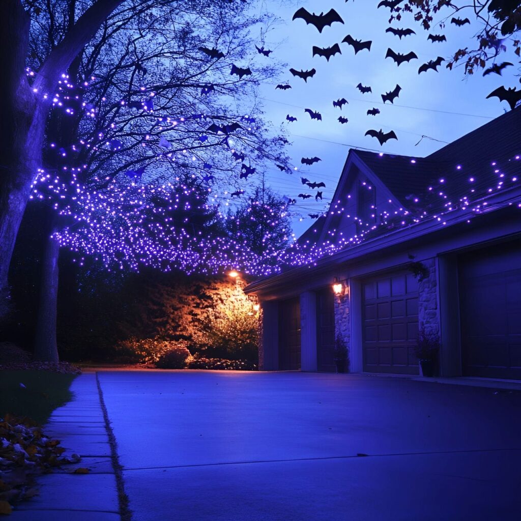 22. Bat Attack Driveway with Flying Bats and Soft Purple Lights