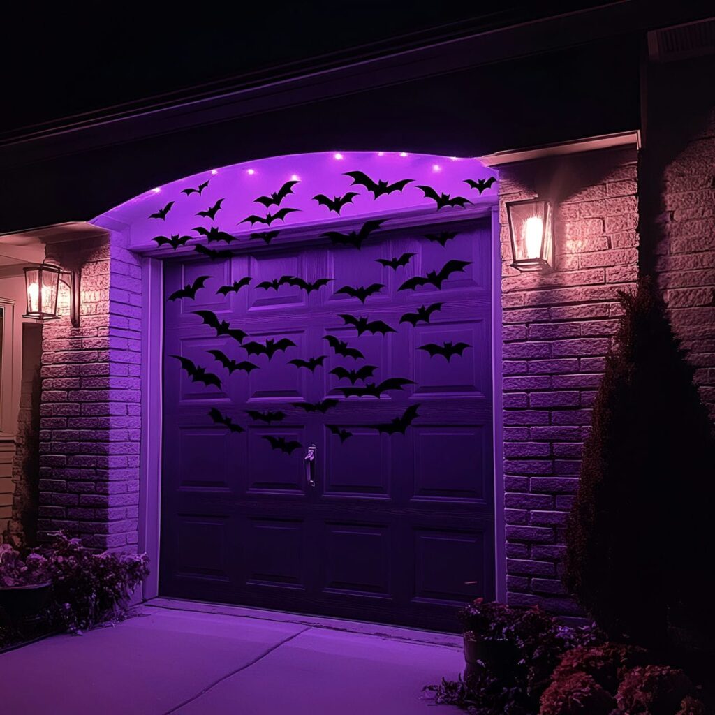 08. Bat Swarm Garage with Black Bat Cutouts and Purple Lights