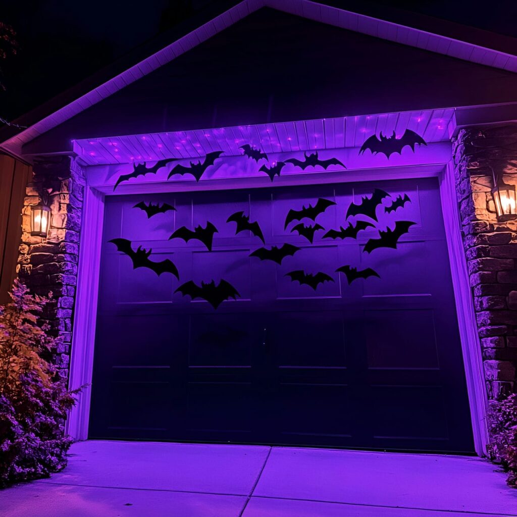 08. Bat Swarm Garage with Black Bat Cutouts and Purple Lights