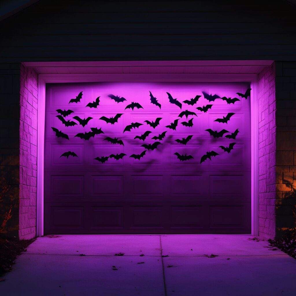 08. Bat Swarm Garage with Black Bat Cutouts and Purple Lights