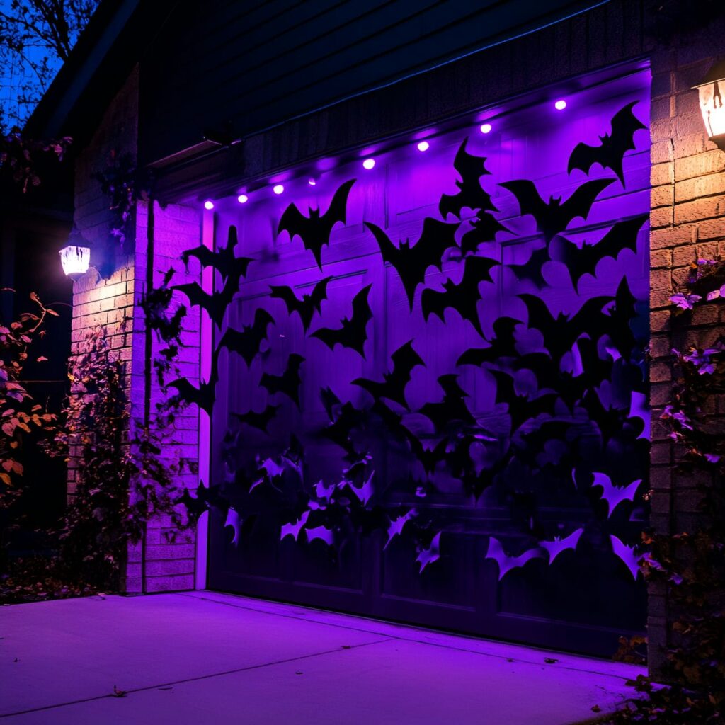 08. Bat Swarm Garage with Black Bat Cutouts and Purple Lights