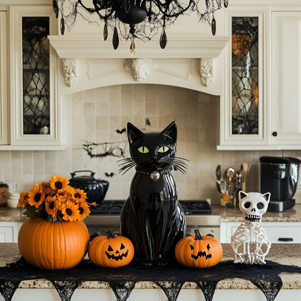 11. Creepy Black Cat Halloween Kitchen Décor