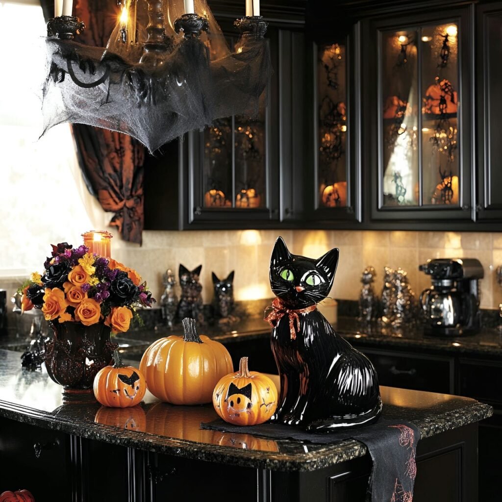 11. Creepy Black Cat Halloween Kitchen Décor