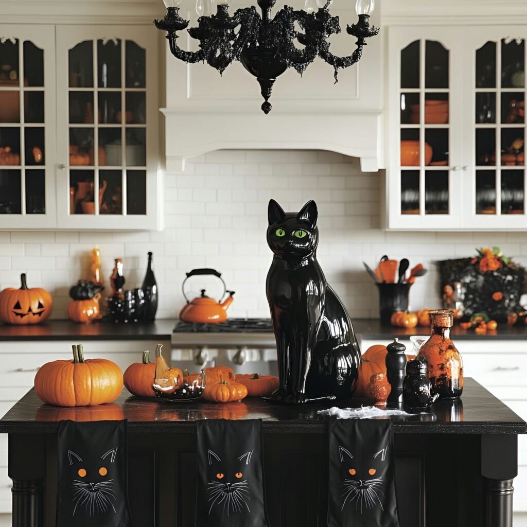 11. Creepy Black Cat Halloween Kitchen Décor