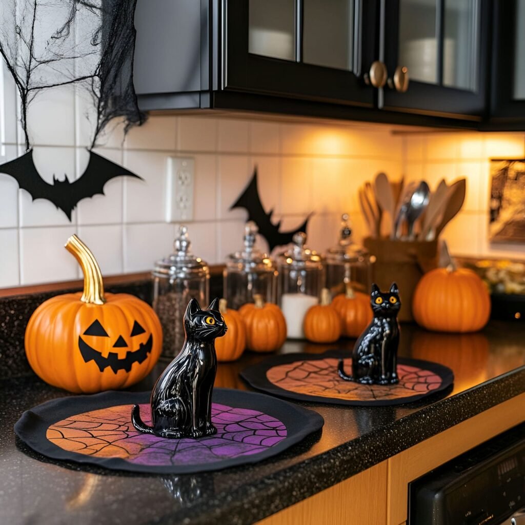 11. Creepy Black Cat Halloween Kitchen Décor