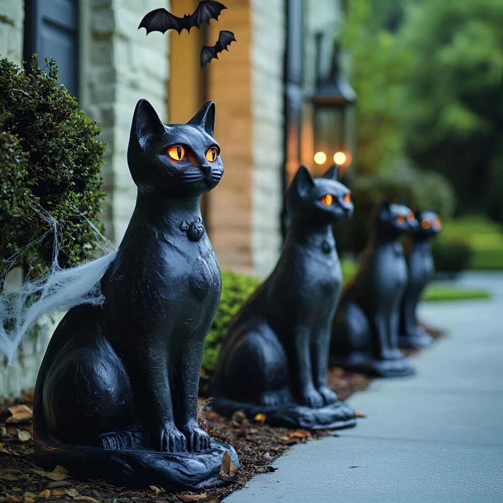 18. Black Cat Guardians with Glowing Eyes and Hanging Bats