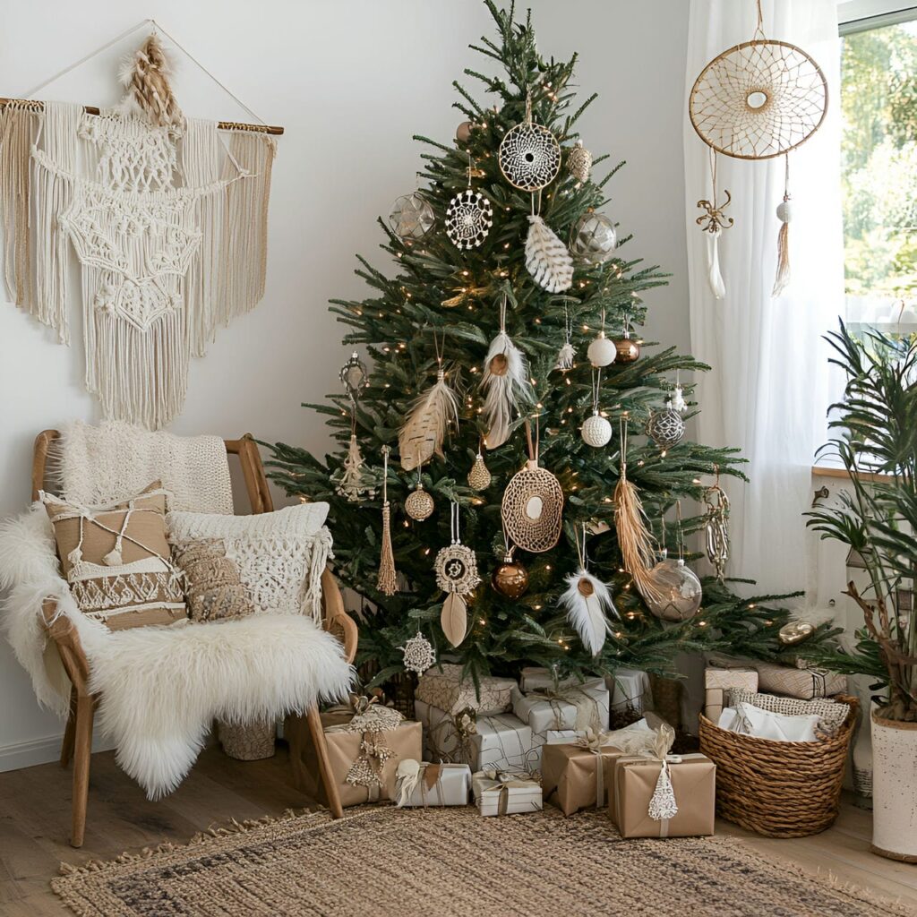 17. Bohemian Dream Whimsy Tree With Macramé Garlands and Feathers