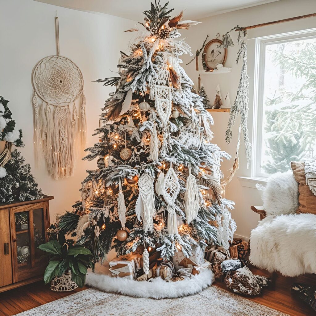 17. Bohemian Dream Whimsy Tree With Macramé Garlands and Feathers