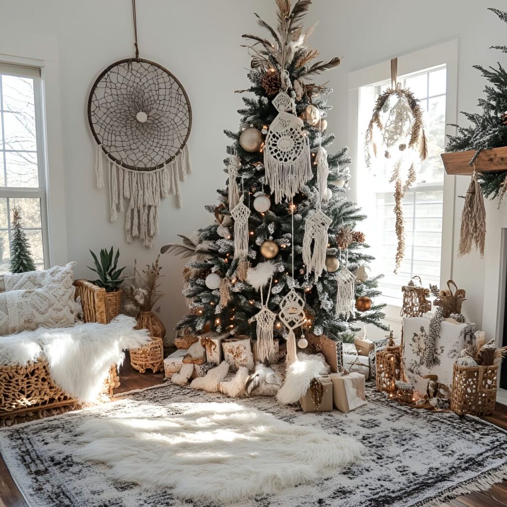 17. Bohemian Dream Whimsy Tree With Macramé Garlands and Feathers