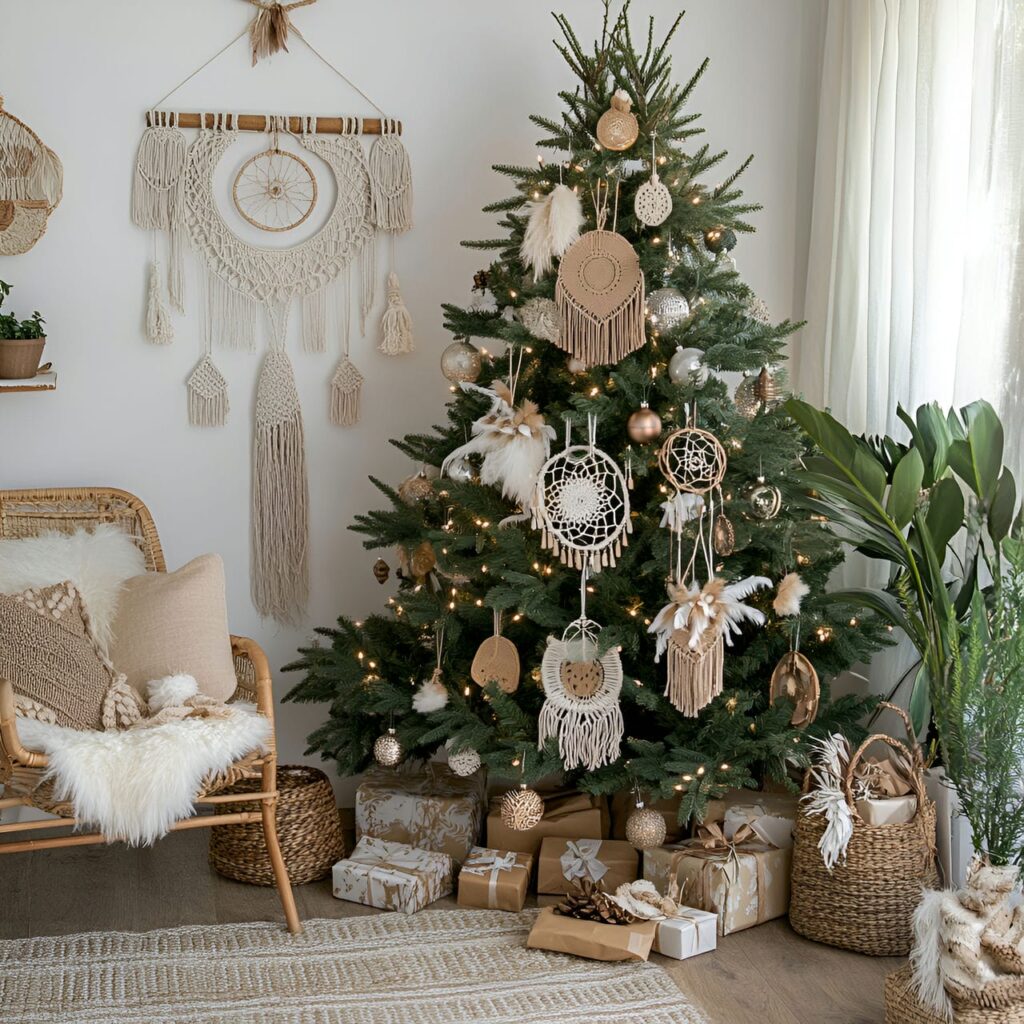 17. Bohemian Dream Whimsy Tree With Macramé Garlands and Feathers