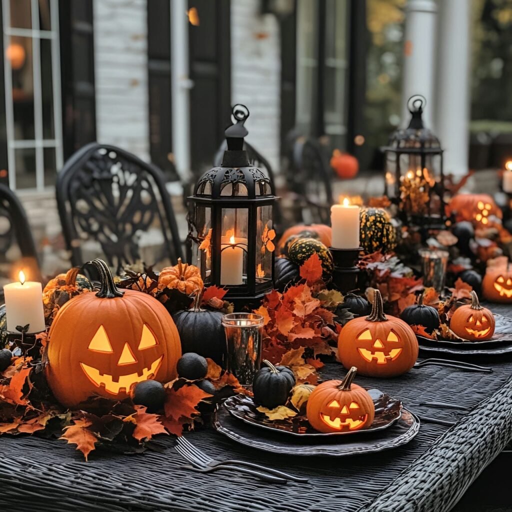 21. Boo-tiful Table Centerpiece with Pumpkins and Foliage