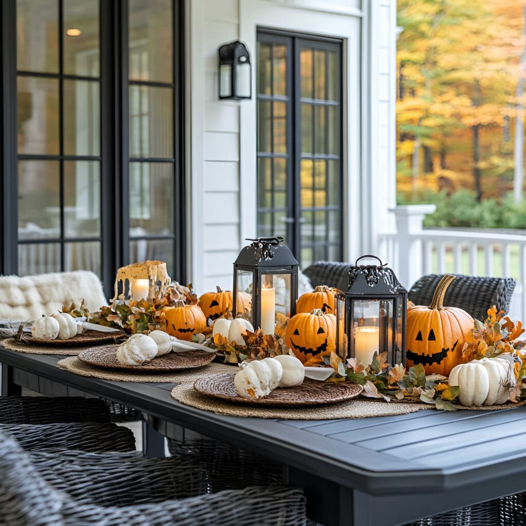 21. Boo-tiful Table Centerpiece with Pumpkins and Foliage