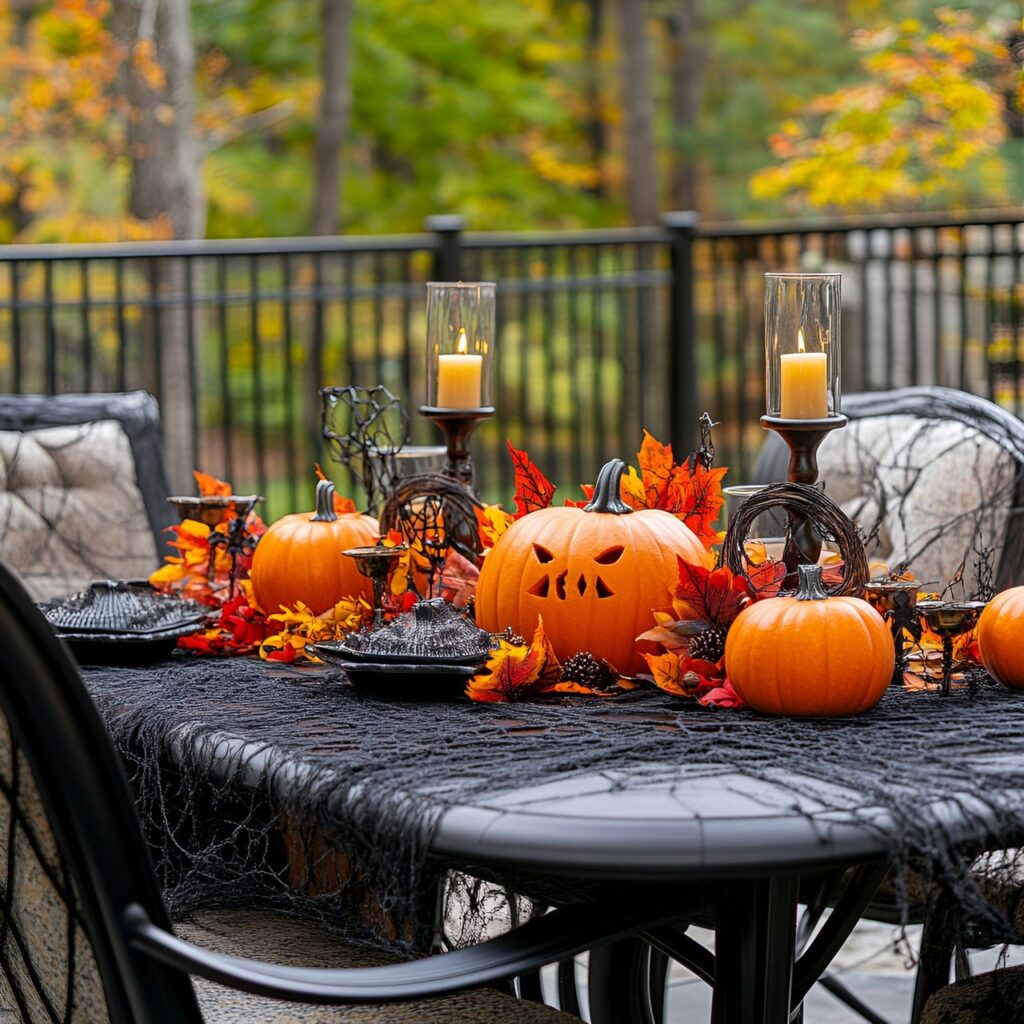 21. Boo-tiful Table Centerpiece with Pumpkins and Foliage